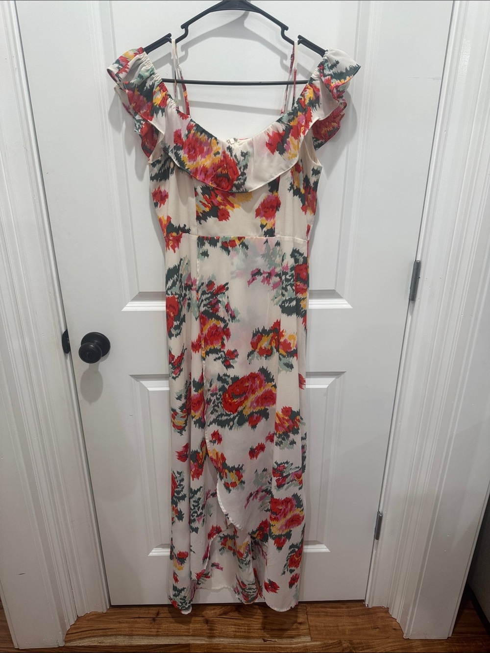 DAVI & DANI Cream Maxi Dress with Red and Green Floral Print